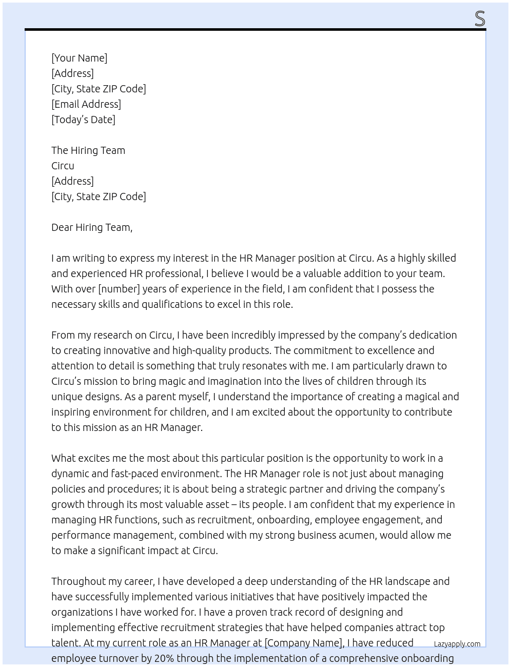 HR Manager At circu Cover Letter