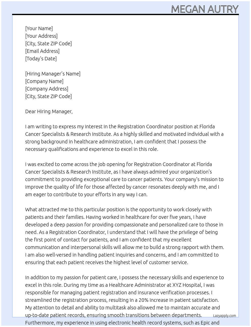 Registration Coordinator  At Florida Cancer Specialists & Research Institute Cover Letter