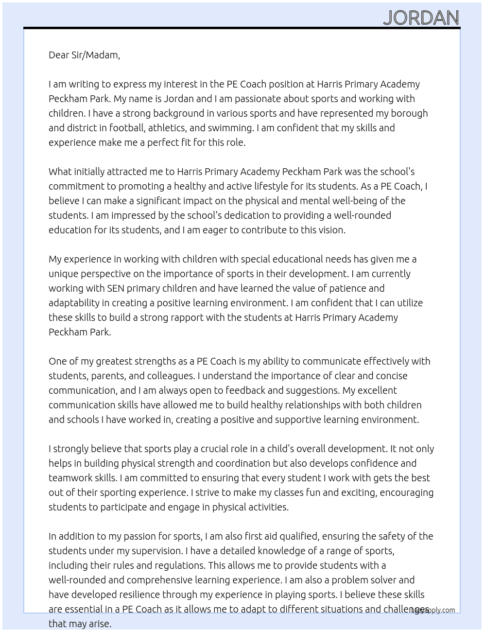 PE Coach At Harris Primary Academy Peckham Park Cover Letter