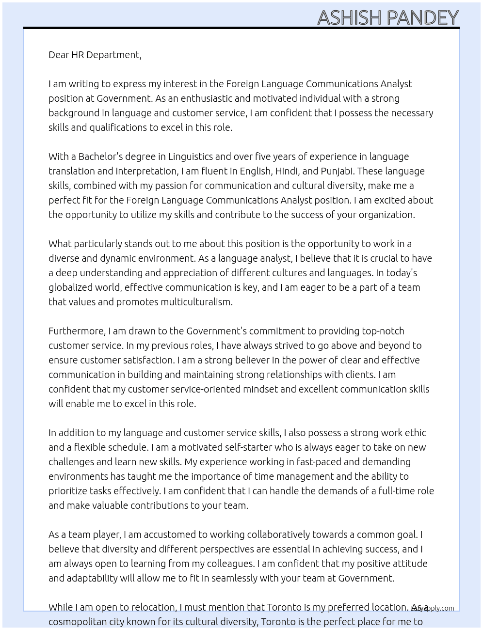 Foreign Language Communications Analyst  At Government Cover Letter