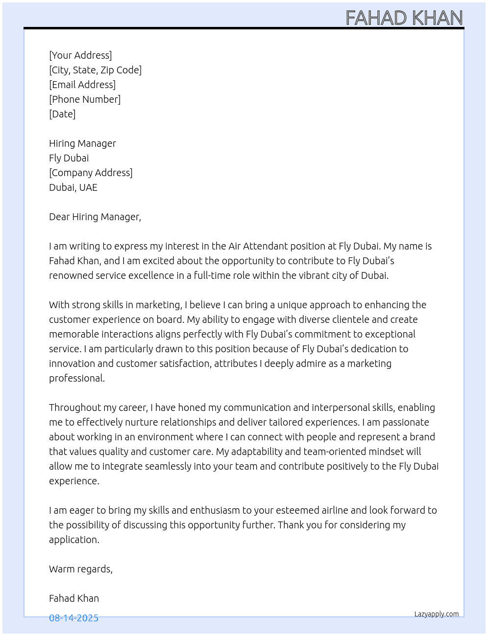 AIR Attendant At FLY DUBAI Cover Letter