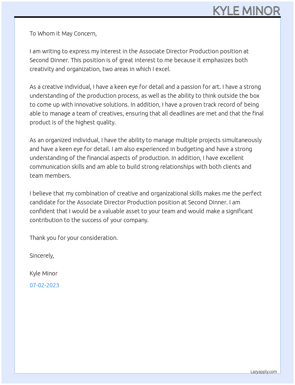 Associate Director Production At Second Dinner Cover Letter
