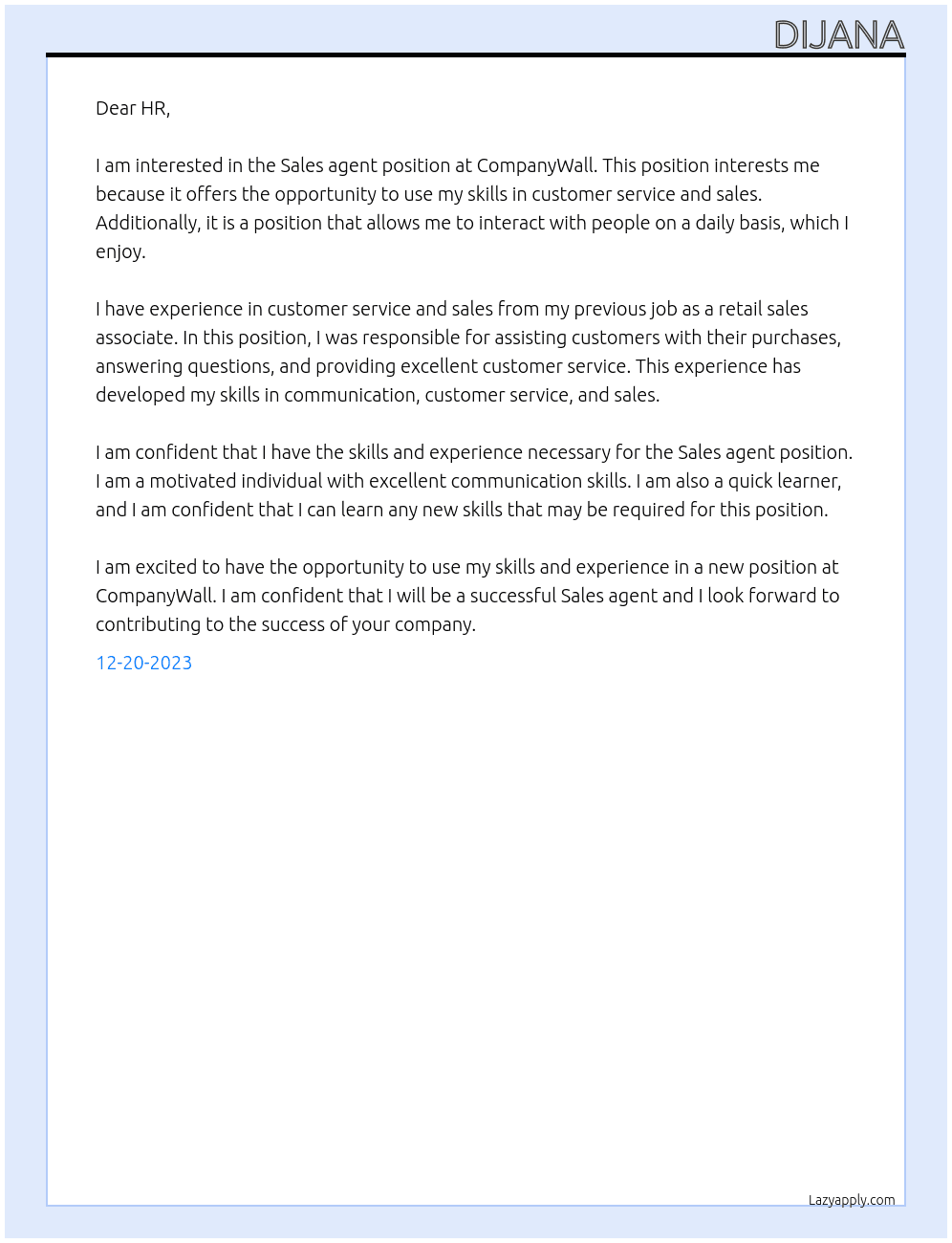 Sales agent At CompanyWall Cover Letter