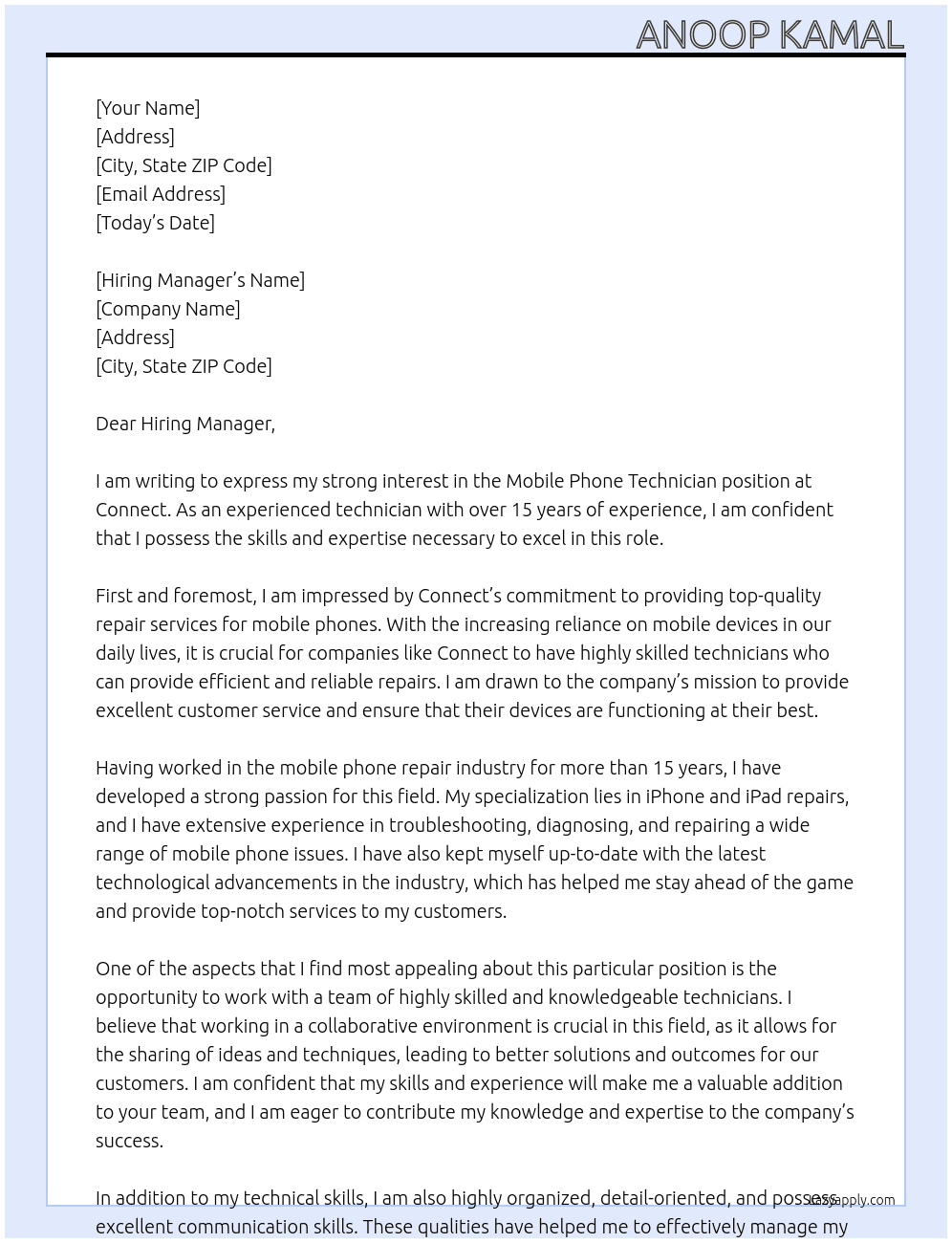 Mobile Phone Technition At Connect Cover Letter