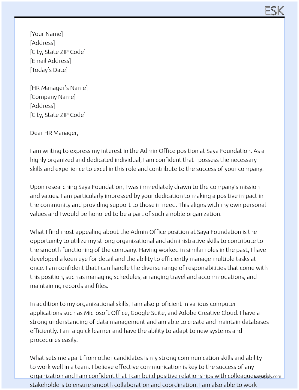 Admin Office At Saya Fonundation Cover Letter