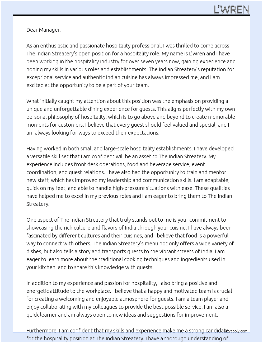 hospitality  At The Indian Streatery  Cover Letter