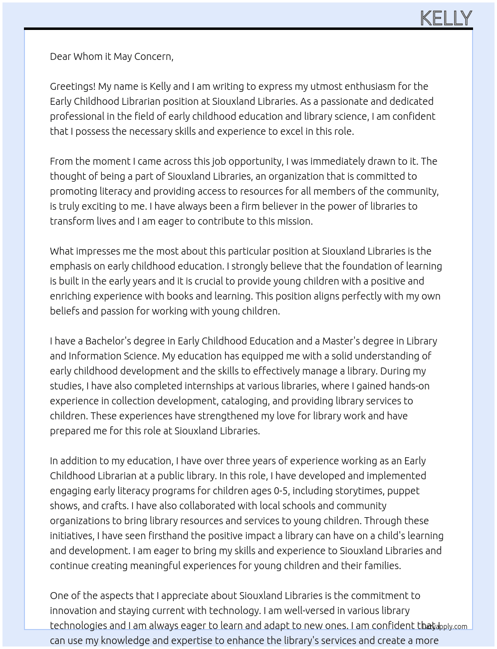 Early Childhood Librarian At Siouxland Libraries Cover Letter