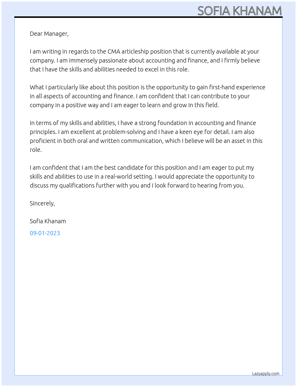 CMA  ARTICLESHIP At CMA firm Cover Letter