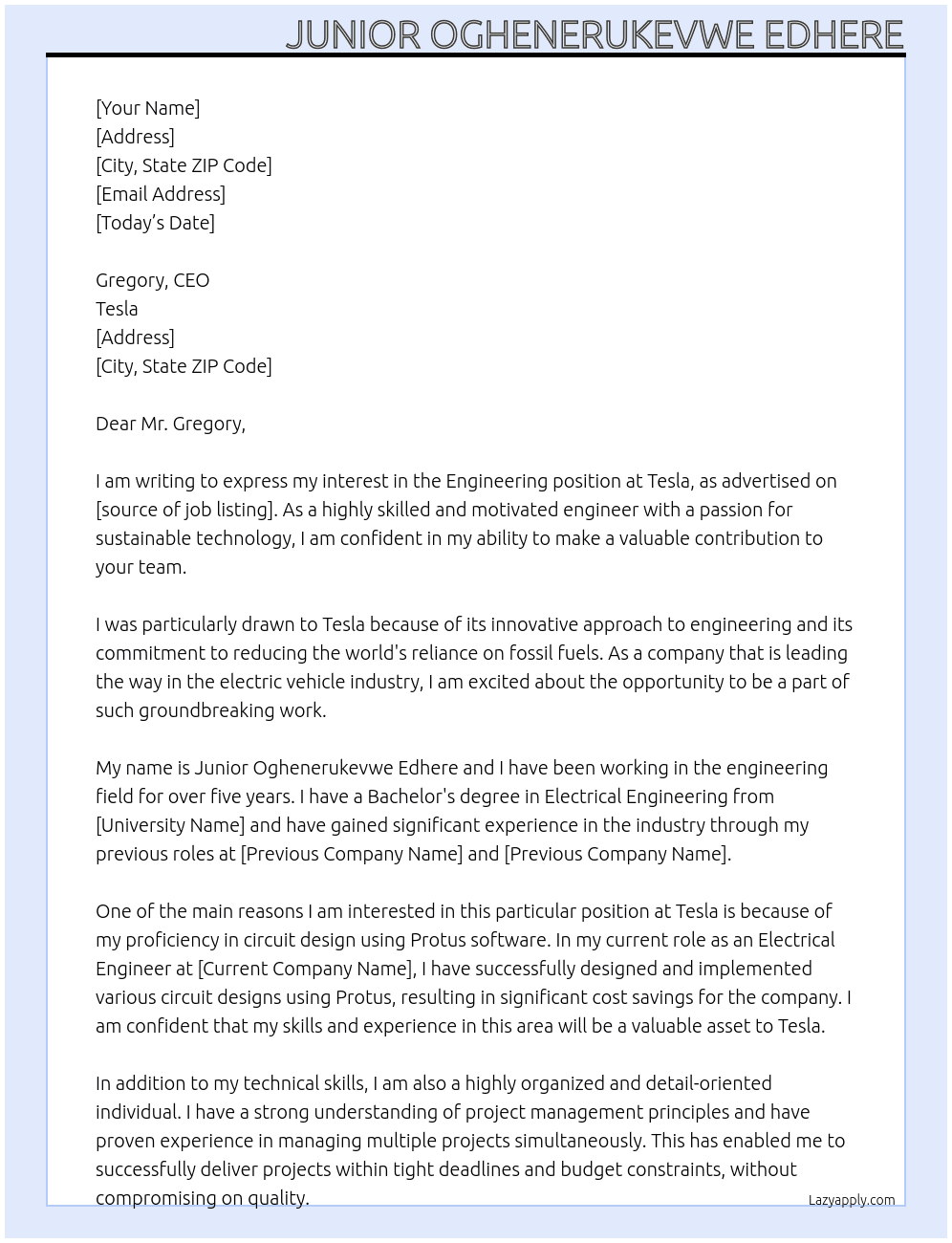 Engineering At Tesla Cover Letter