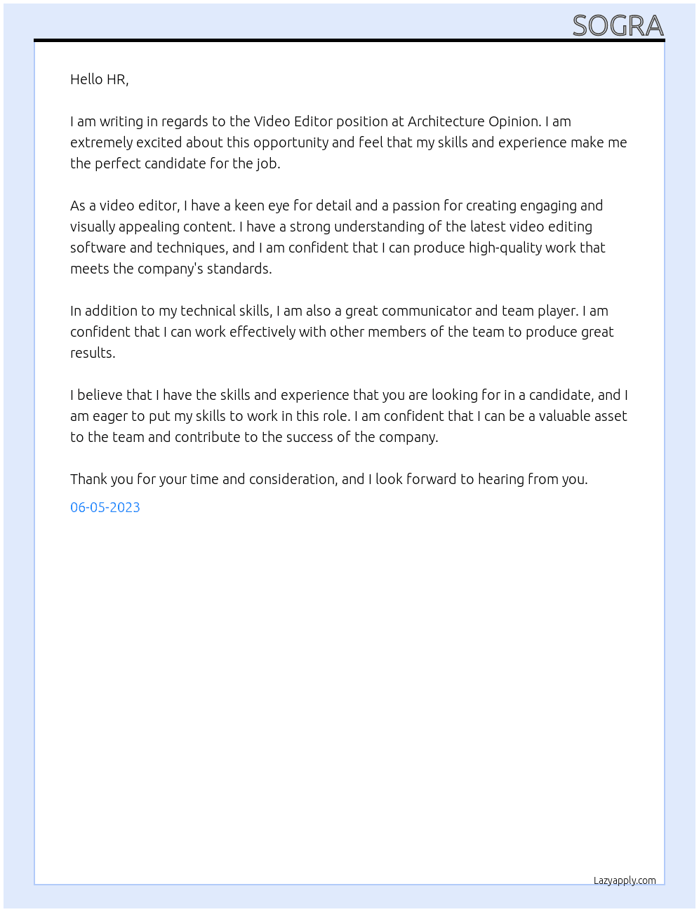 Video Editor At architecture opinion Cover Letter