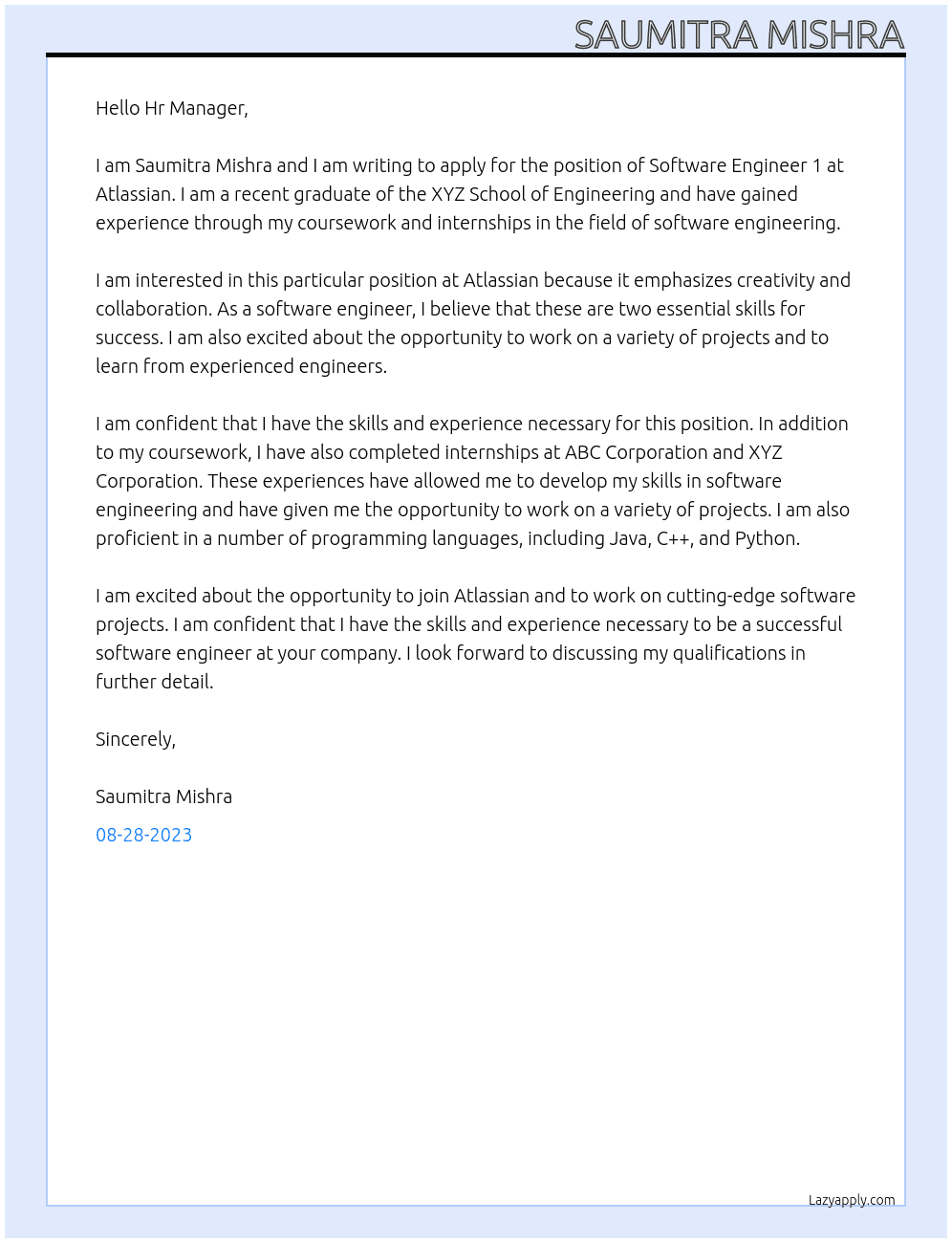 Software Engineer 1 At Atlassian Cover Letter