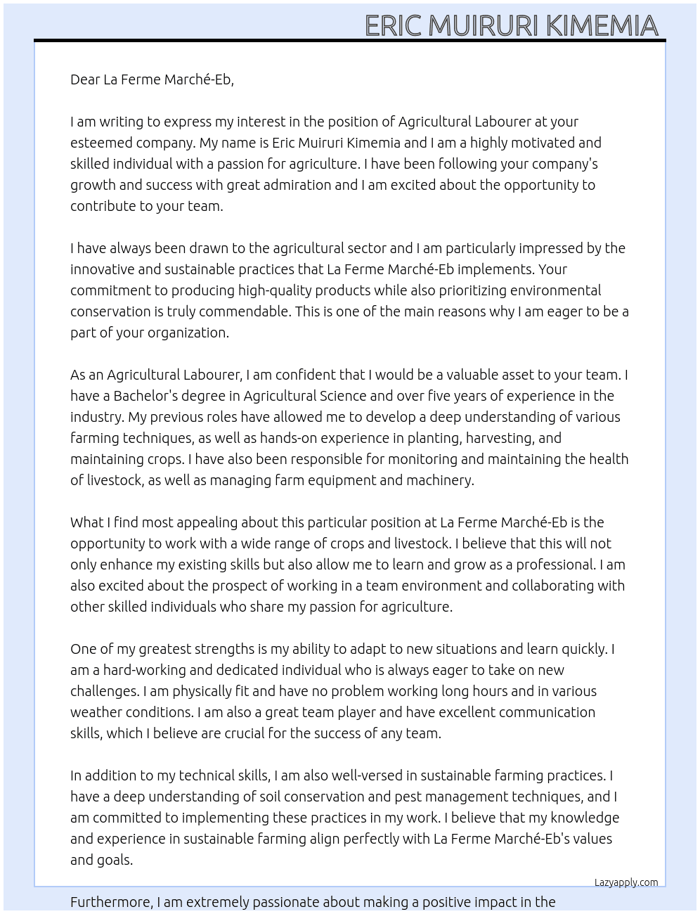Agricultural Labourer  At La Ferme Marché-Eb Cover Letter