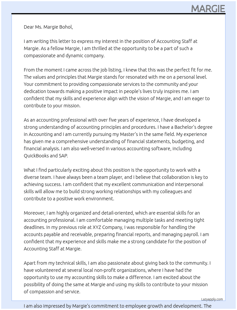 Accounting Staff At Margie Cover Letter