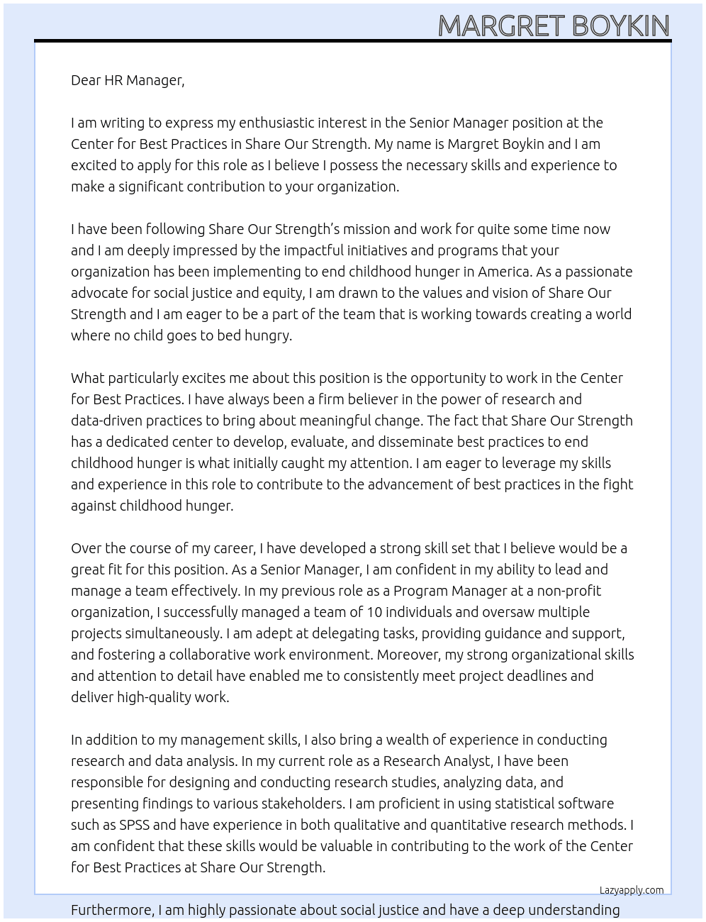 Senior Manager (Center for Best Practices) At Share Our Strength Cover Letter