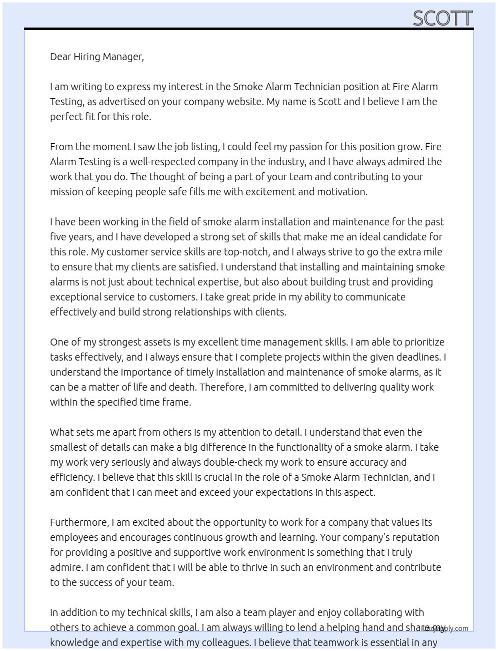 Smoke Alarm Technician At Fire Alarm testing Cover Letter