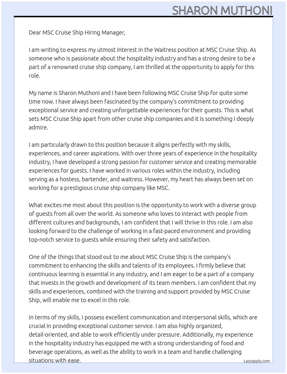 Waitress At MSC cruise ship Cover Letter