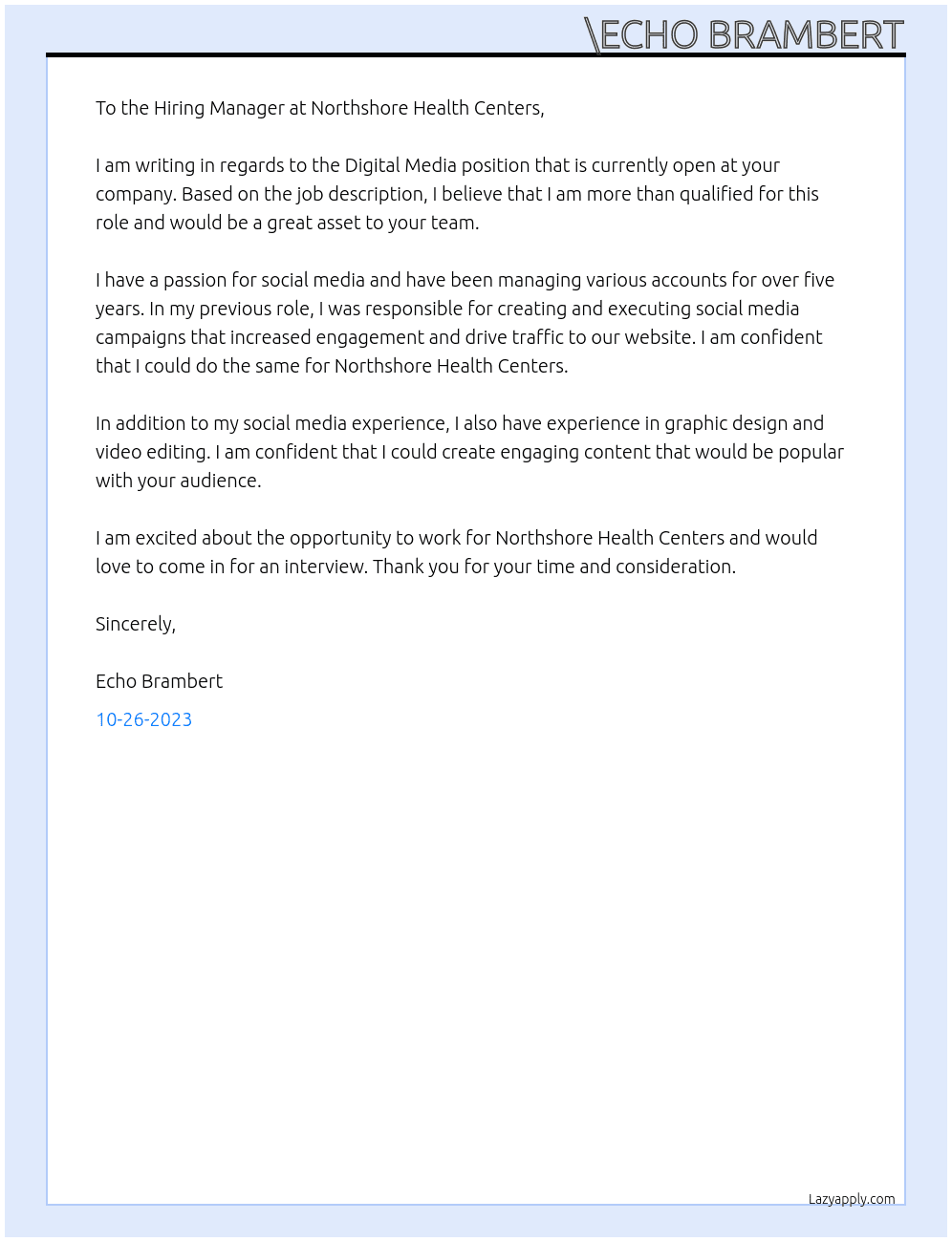 Digital Media At Northshore Health Centers Cover Letter