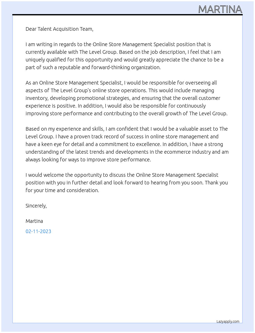 Online Store Management Specialist At The Level Group Cover Letter