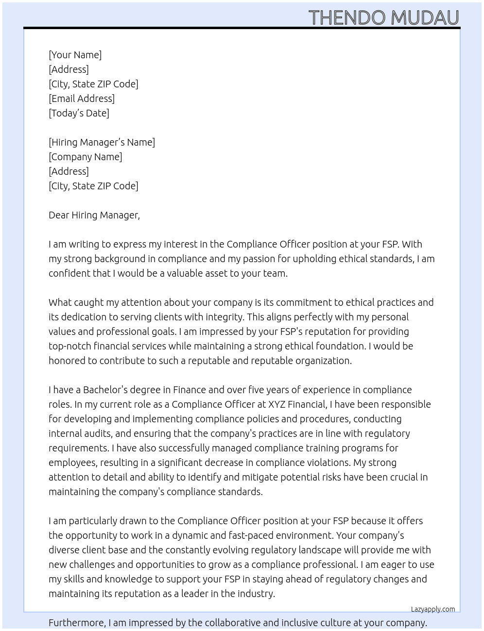 Compliance Officer At your FSP Cover Letter