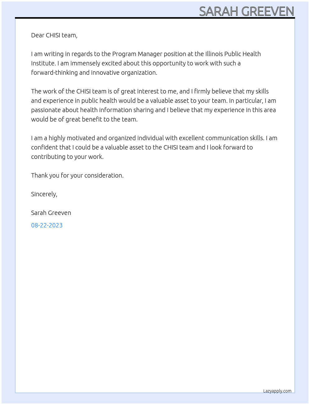 Program Manager  At Illinois Public Health Institute Cover Letter