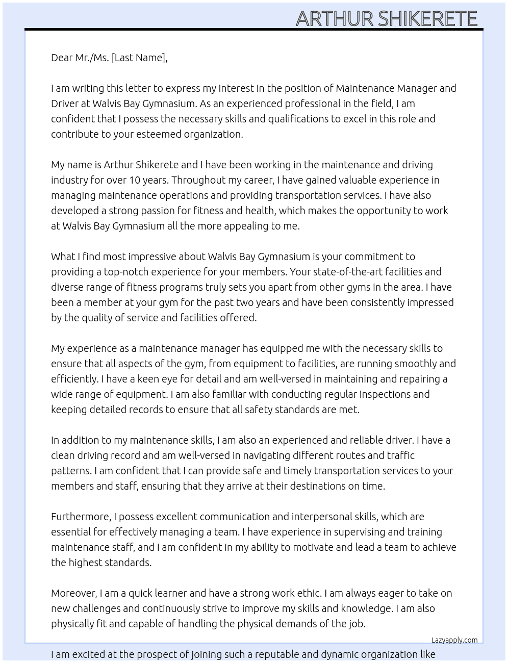 Maintenance manager and driver At Walvis bay Gymnasium  Cover Letter