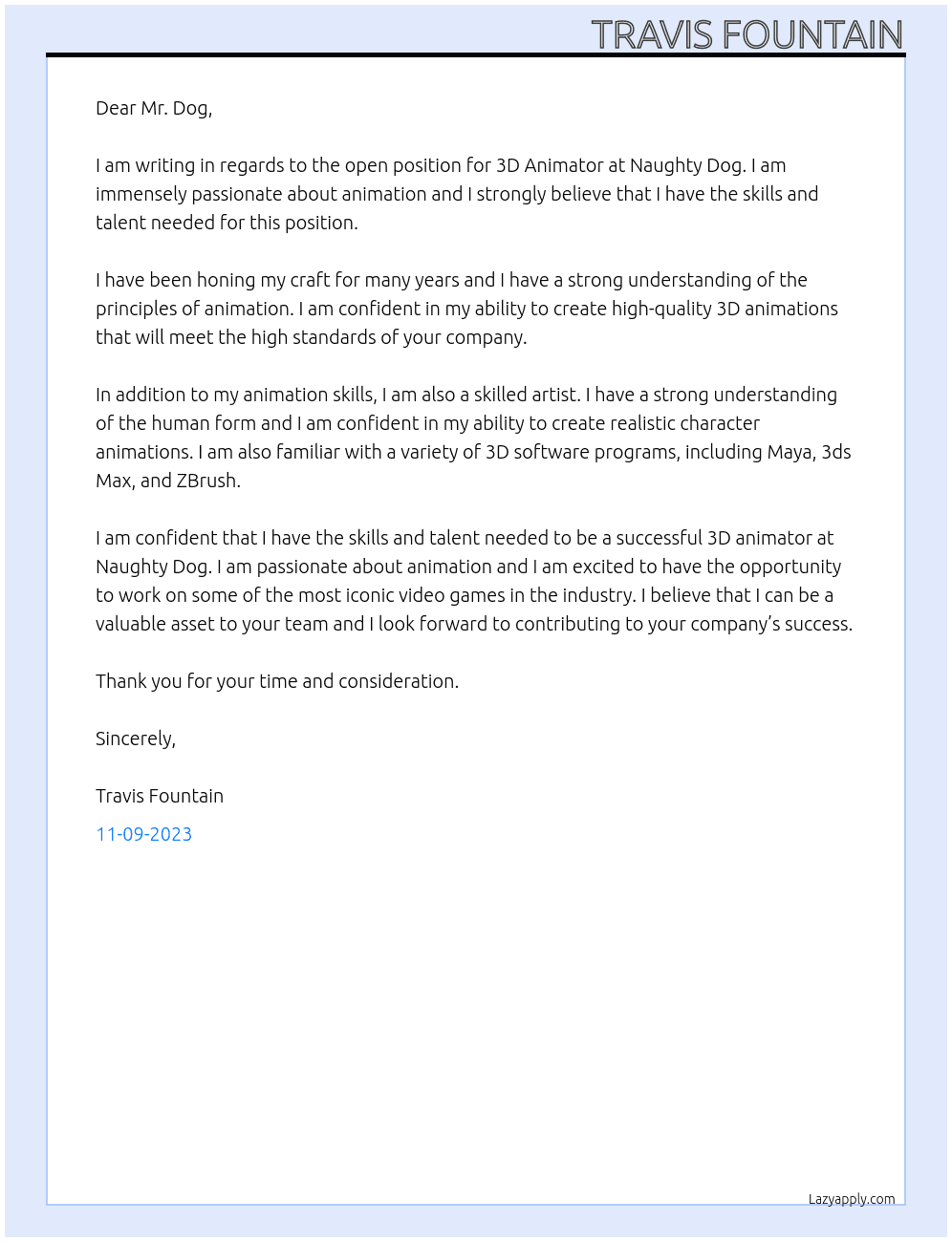 3D Animator At Naughty Dog Cover Letter