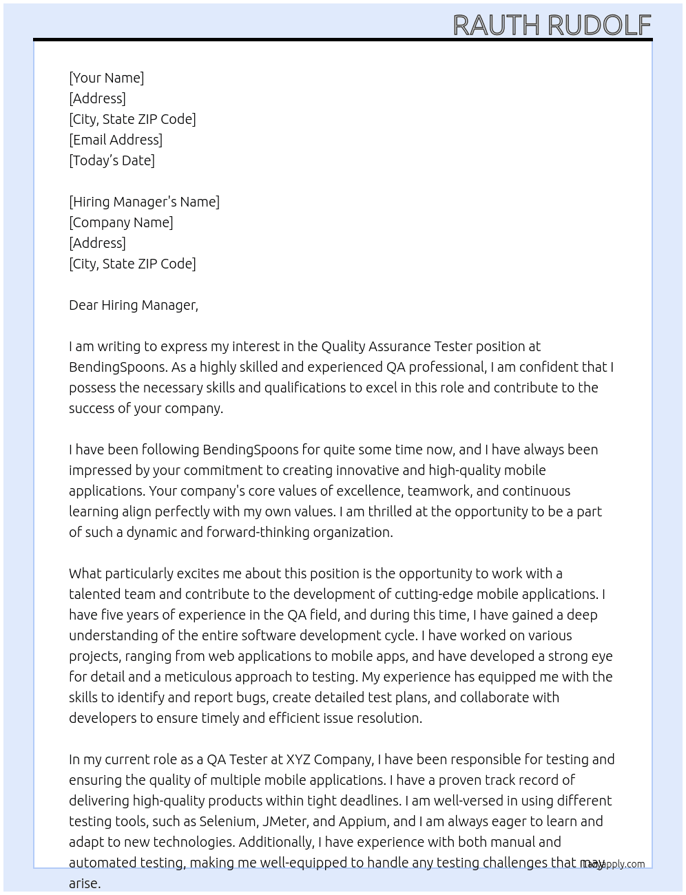 Quality assurance tester At BendingSpoons Cover Letter
