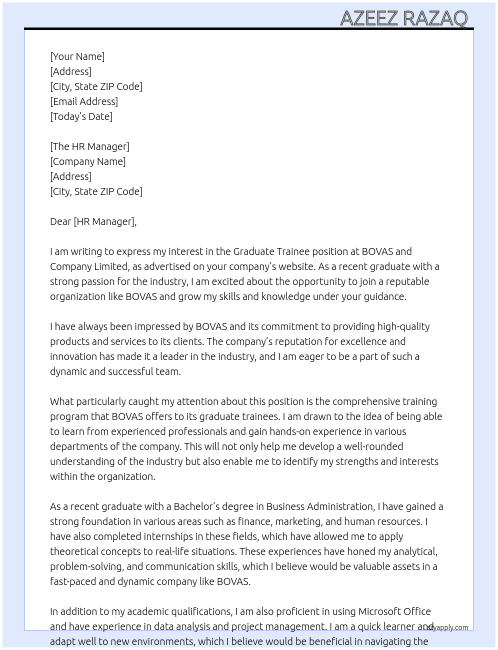 Graduate trainee  At BOVAS and Company Limited  Cover Letter