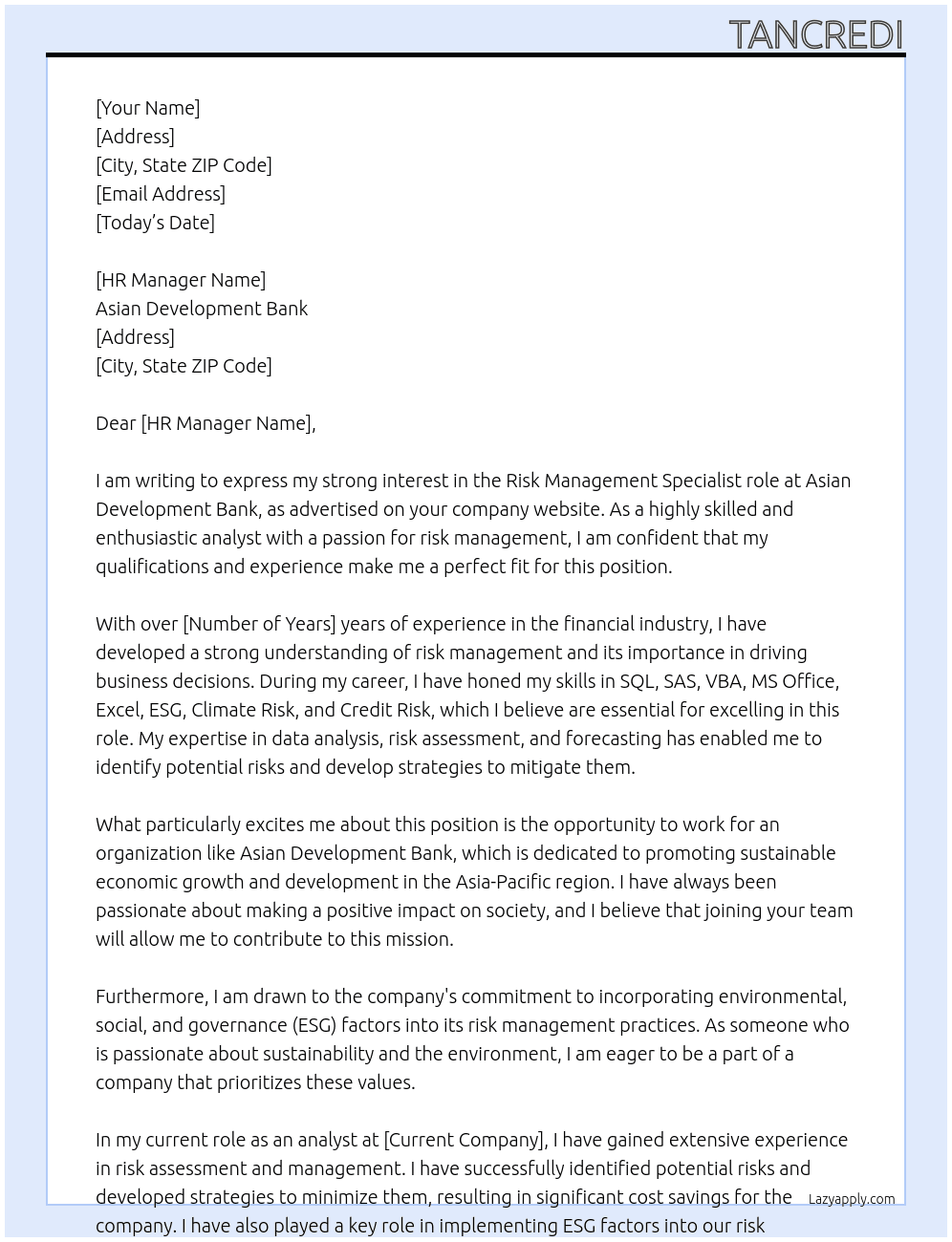 Analyst At Asian Development Bank Cover Letter