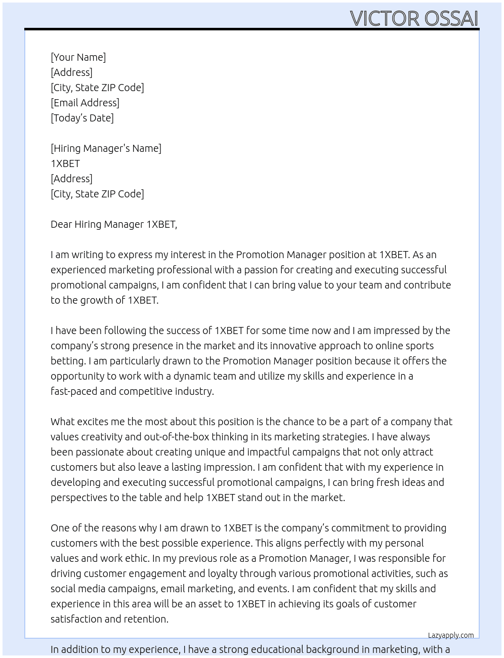 Promotion Manager  At 1XBET Cover Letter