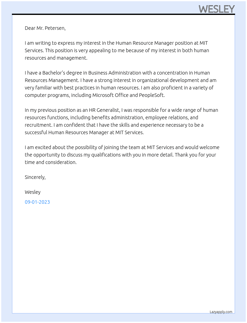 Human Resource Manager At MIT Services Cover Letter