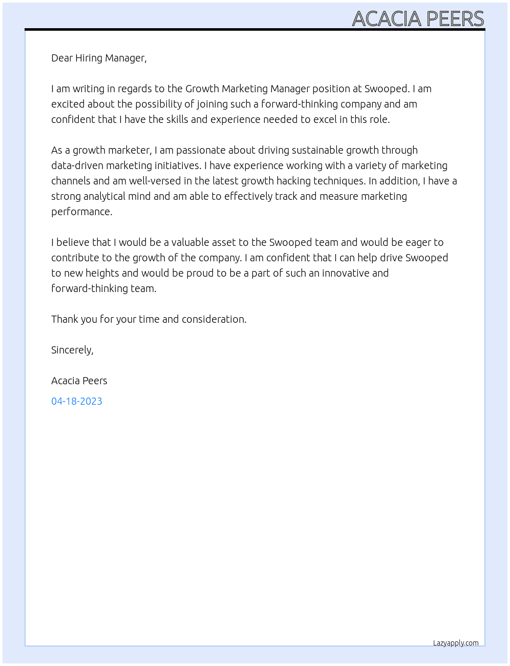 Growth Marketing Manager At Swooped Cover Letter