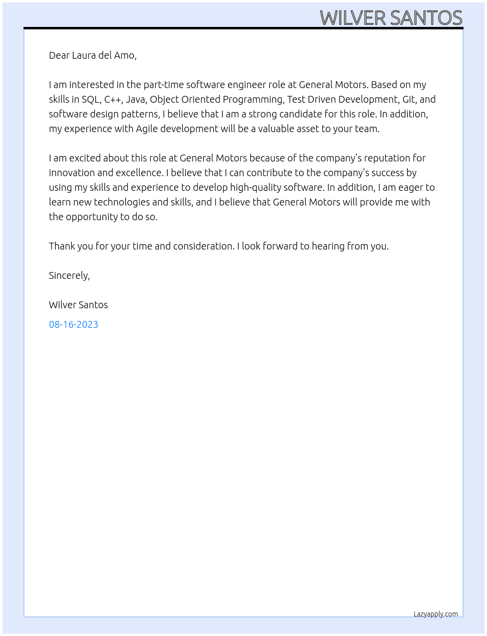 Software Engineer  At General Motors Cover Letter