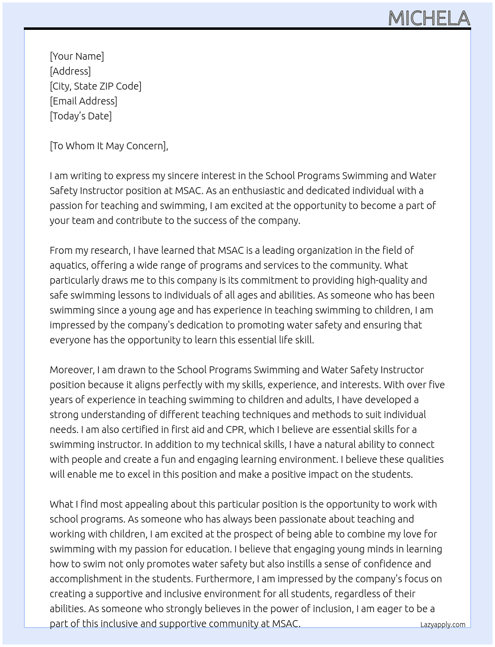 School Programs Swimming and Water Safety Instructor At MSAC Cover Letter
