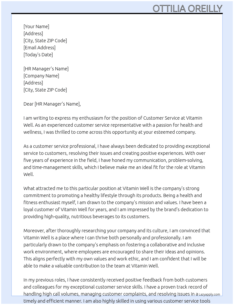 Customer service At Vitamin Well Cover Letter