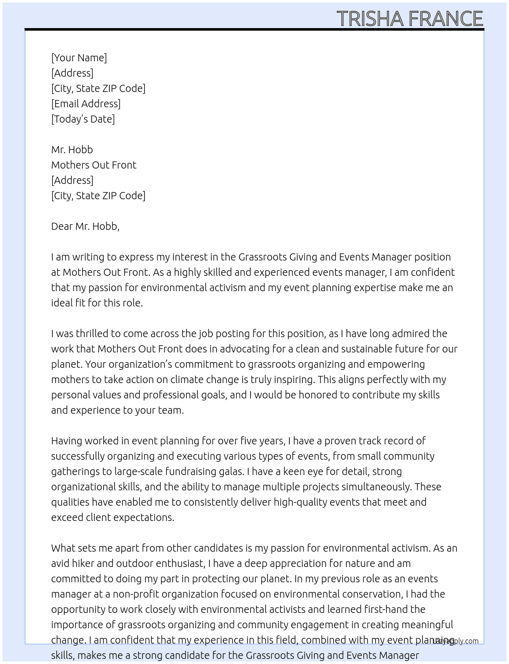 Grassroots Giving and Events Manager At Mothers Out Front Cover Letter