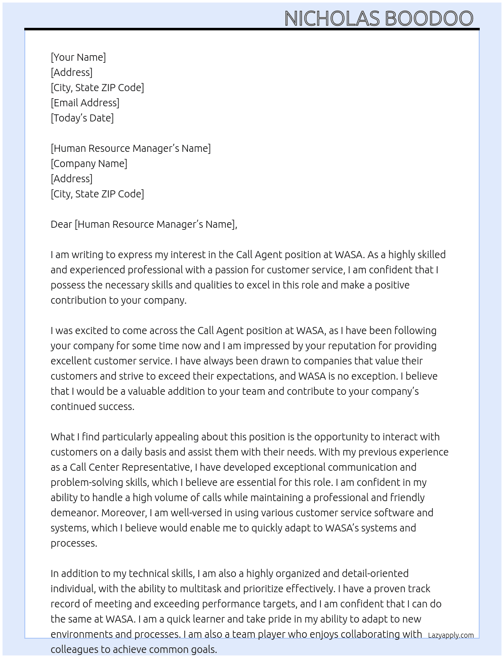 Call Agent At WASA Cover Letter