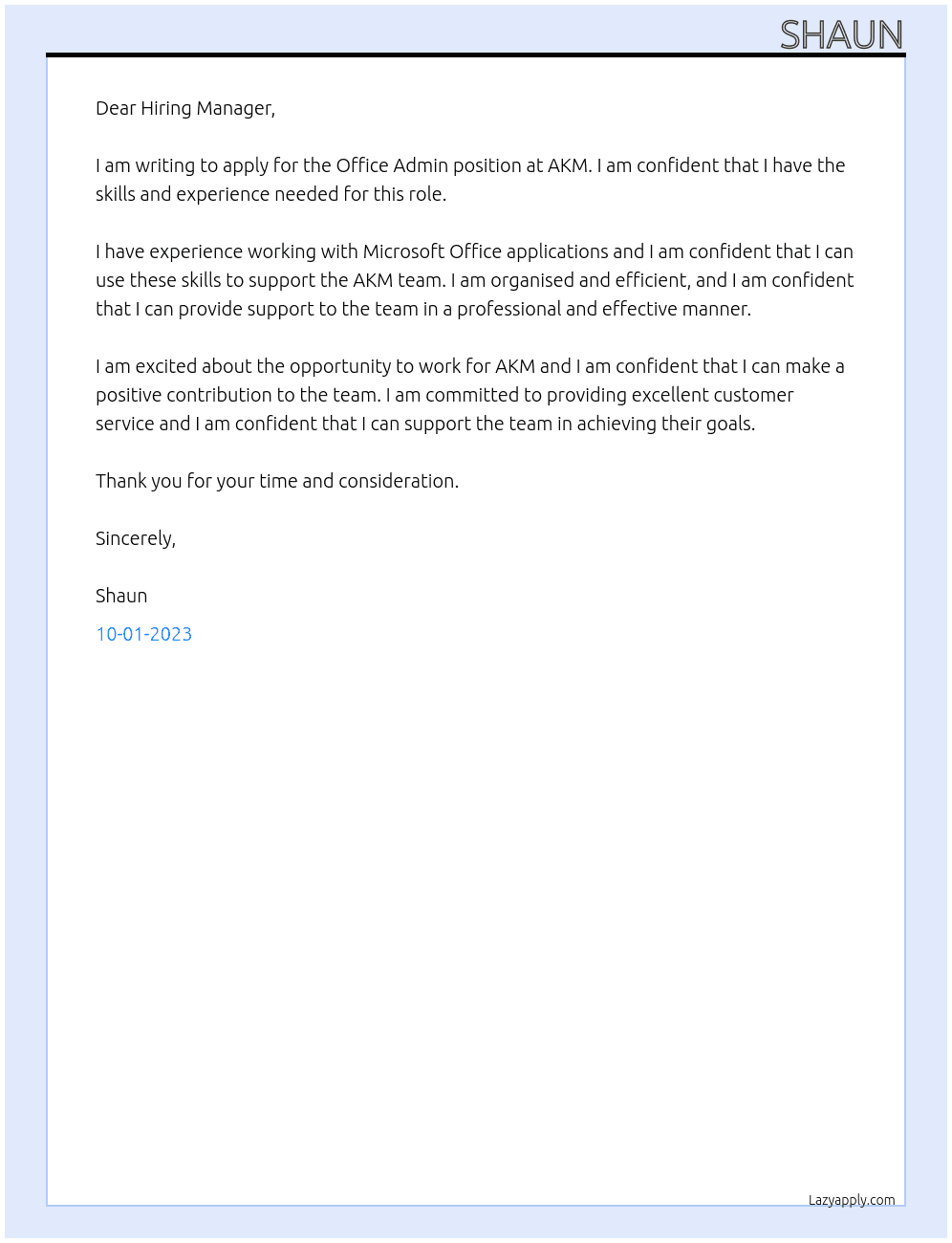 Office admin At akm Cover Letter