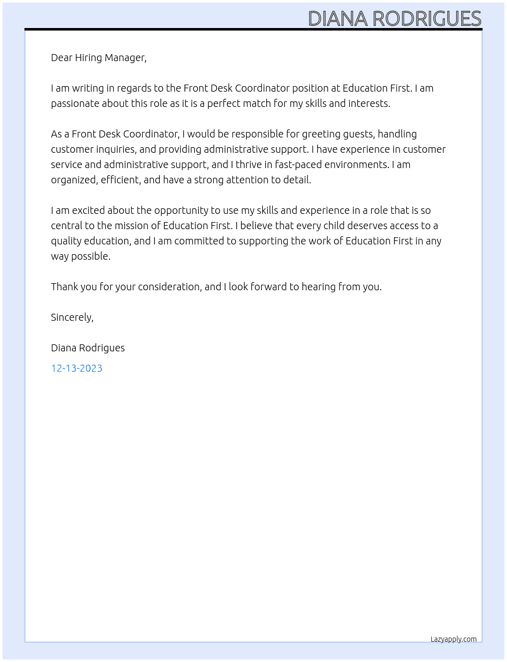Front Desk Coordinator At Education First Cover Letter
