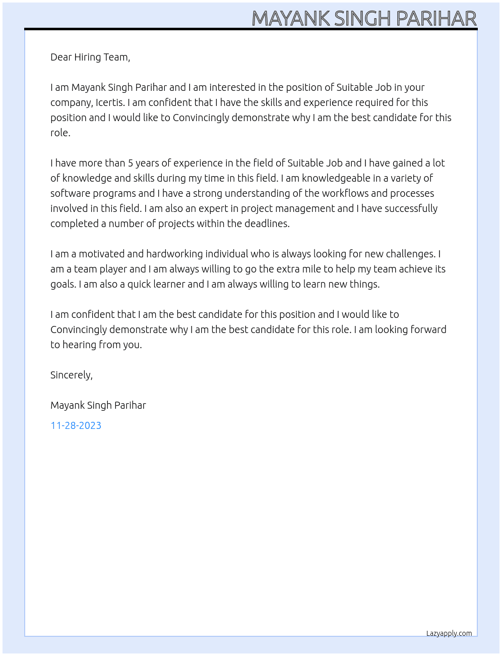Suitable Job At Icertis Cover Letter
