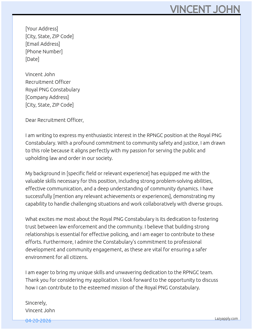 RPNGC At Royal PNG CONSTABULARY  Cover Letter