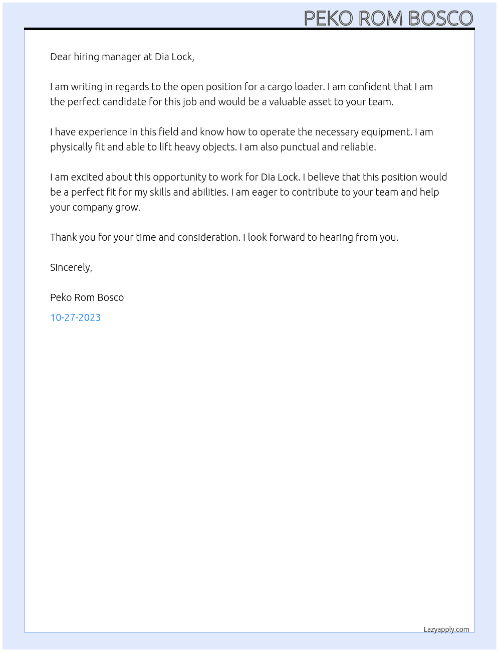 CARGO LOADER At Dia Lock Cover Letter