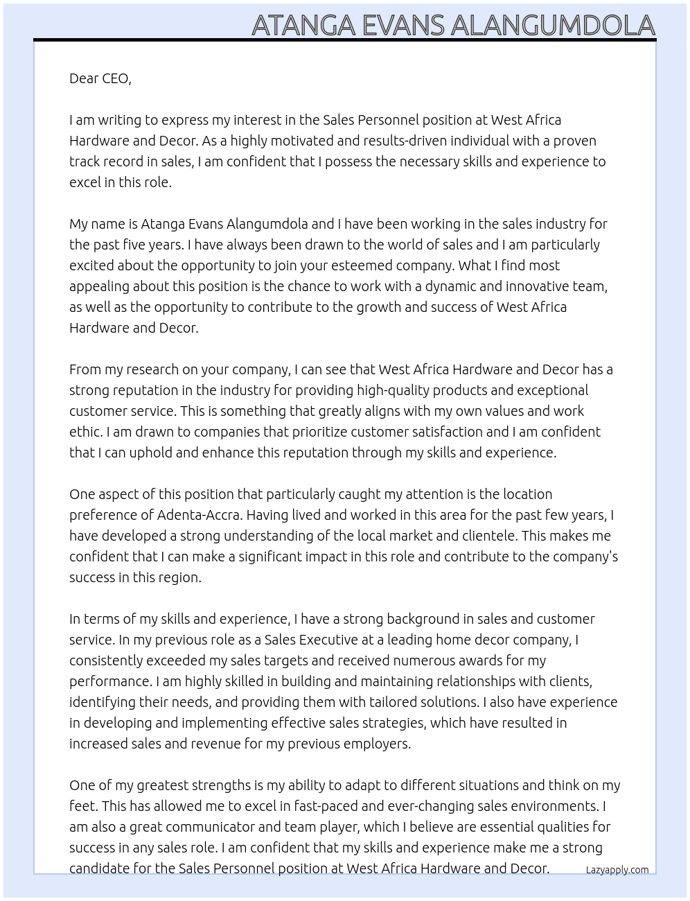 Sales Personnel  At West Africa Hardware and Decor Cover Letter