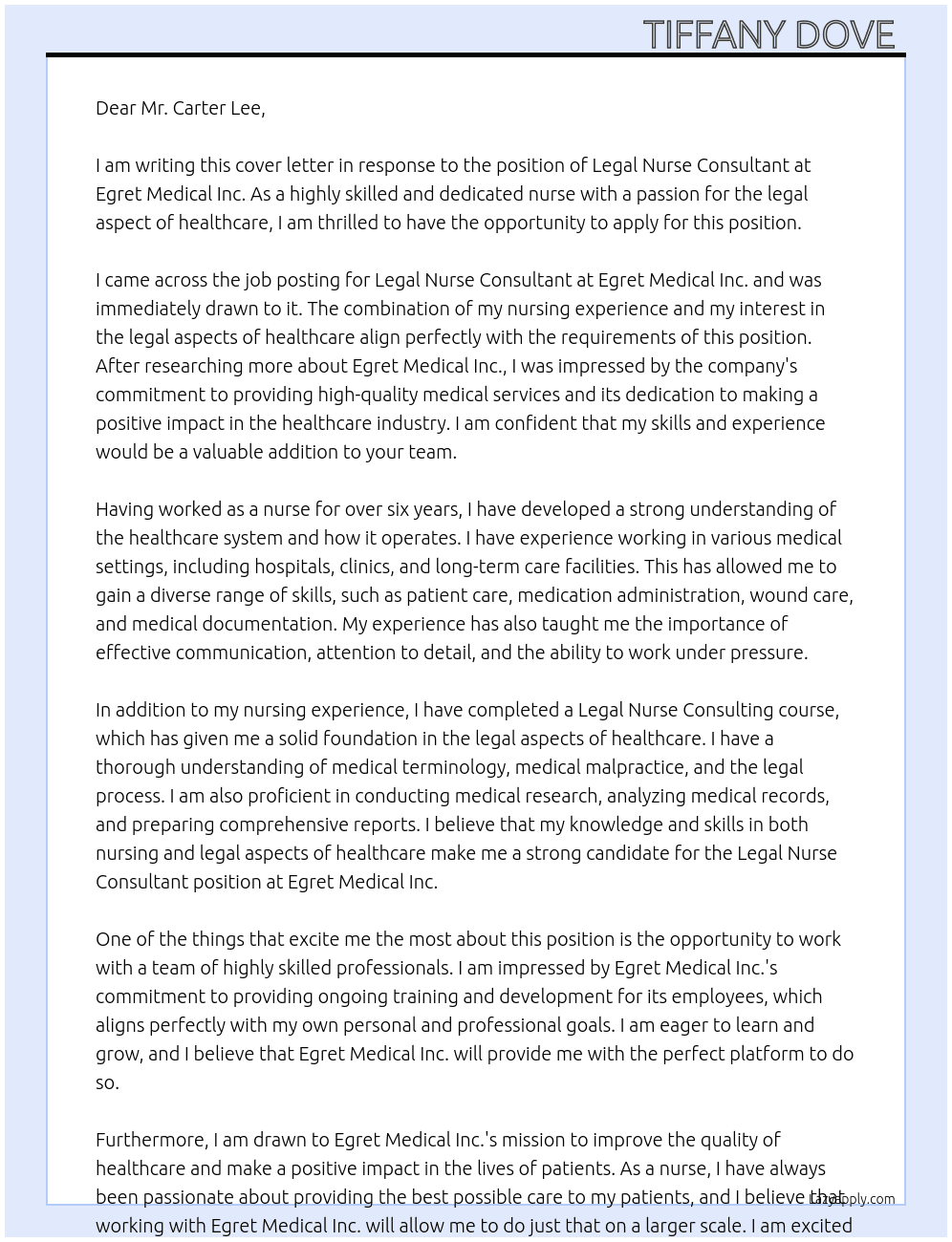 Legal Nurse Consultant At Egret Medical Inc. Cover Letter