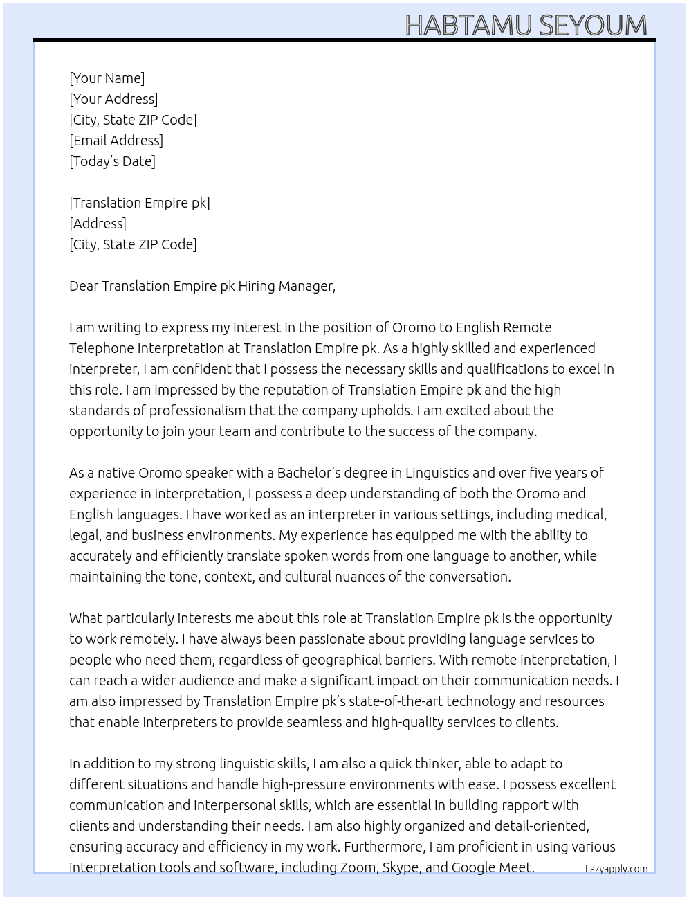 Oromo to English Remote Telephone Interpretation At Translation Empire pk Cover Letter
