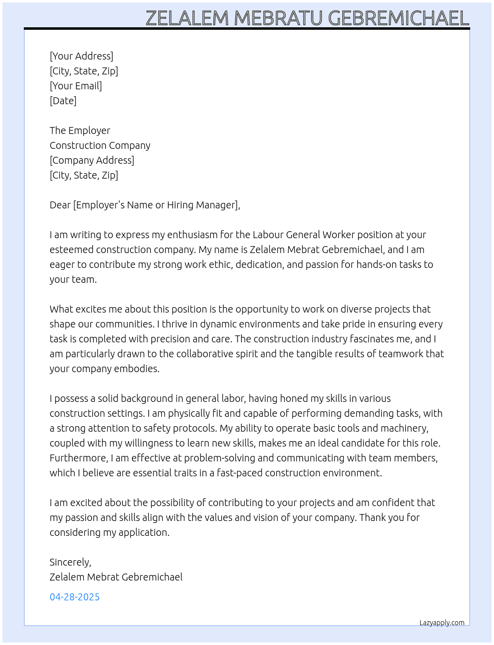 labour general worker At  construction company Cover Letter