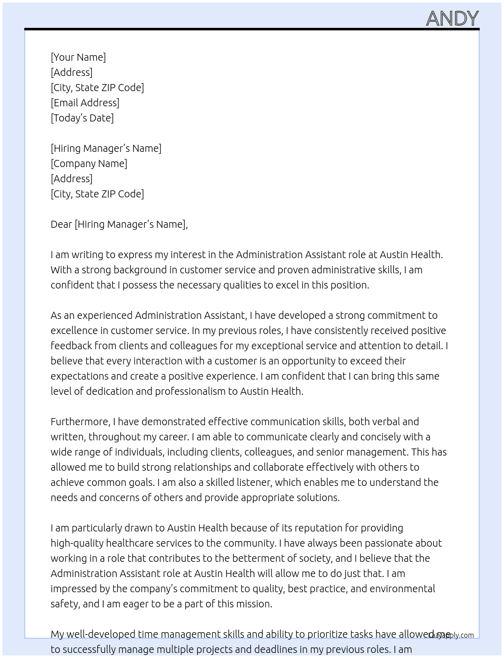 Administration Assistant At Austin Health Cover Letter