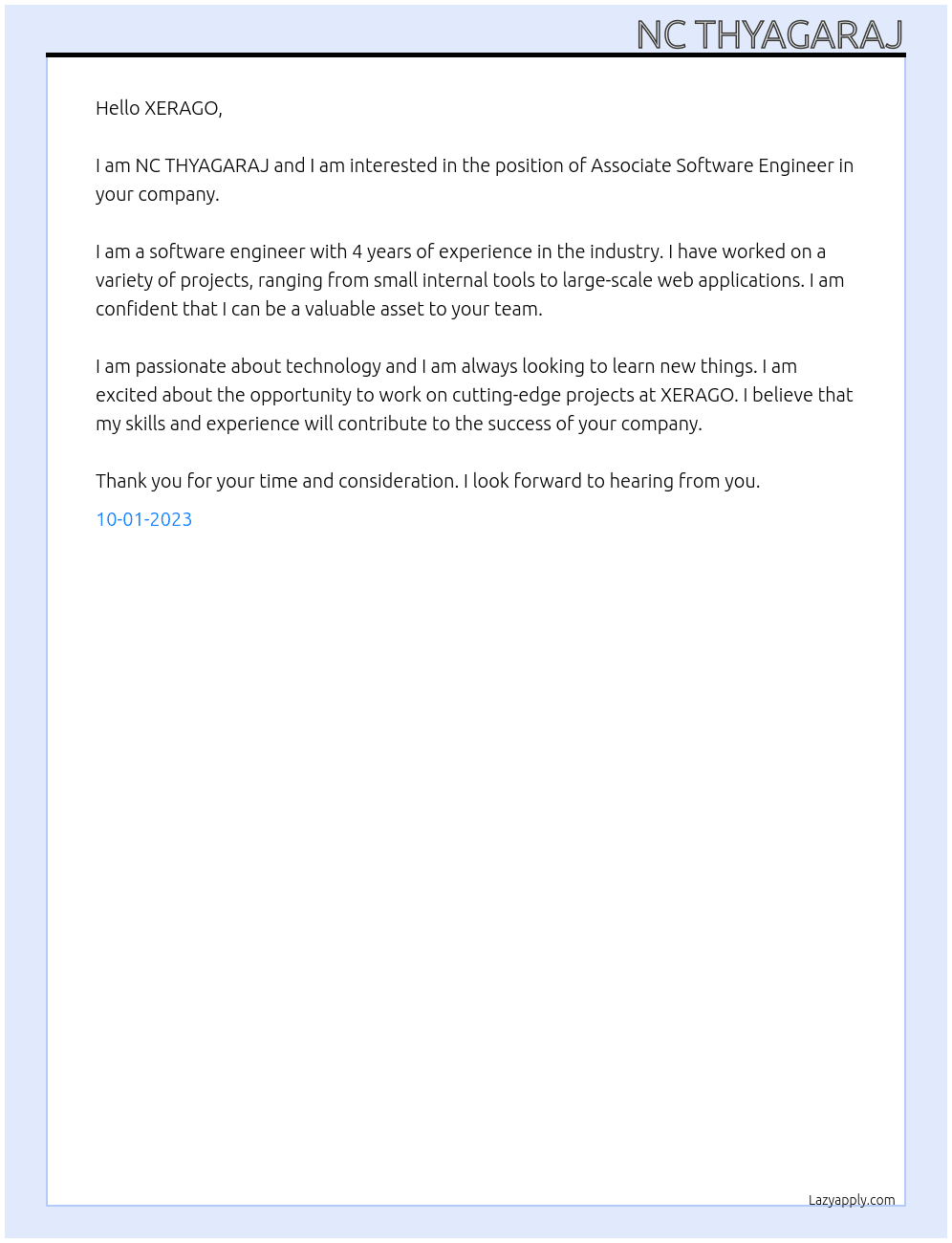 ASSOCIATE SOFTWARE ENGINEER At XERAGO Cover Letter