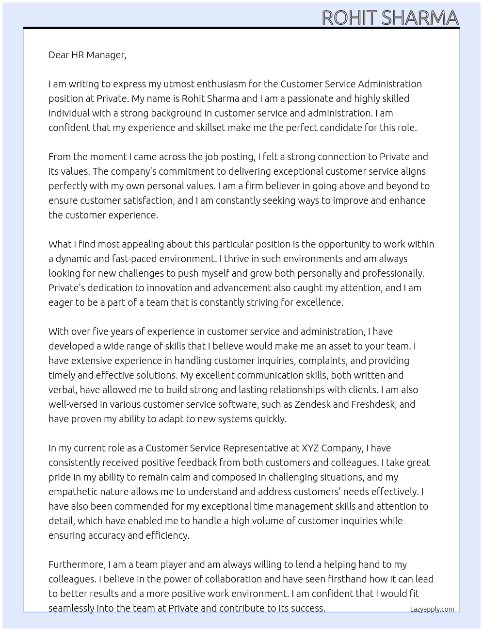 Customer Service Administration At Private Cover Letter