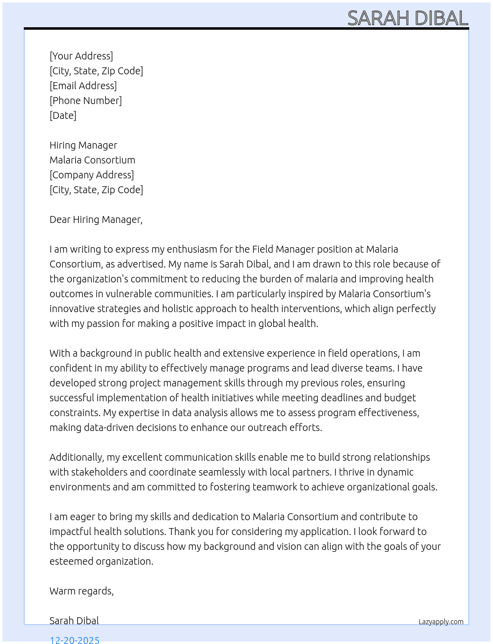 Cover letter for field manager - LazyApply
